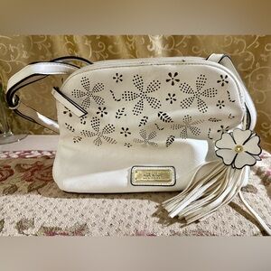Nicole Miller New York Floral Eyelet White Faux Leather Crossbody Handbag